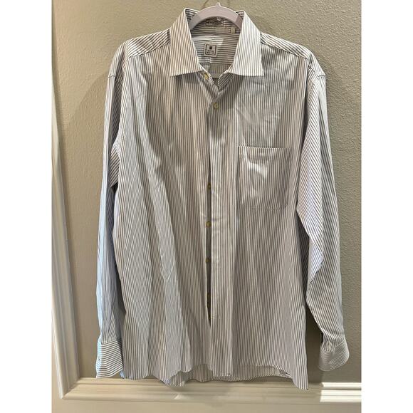 Peter Millar Mens Button Up Long Sleeve Blue White Stripe Dress Shirt Size 17L - Picture 1 of 7